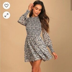 Lulus Navy Blue Floral Print Smocked Skater Dress